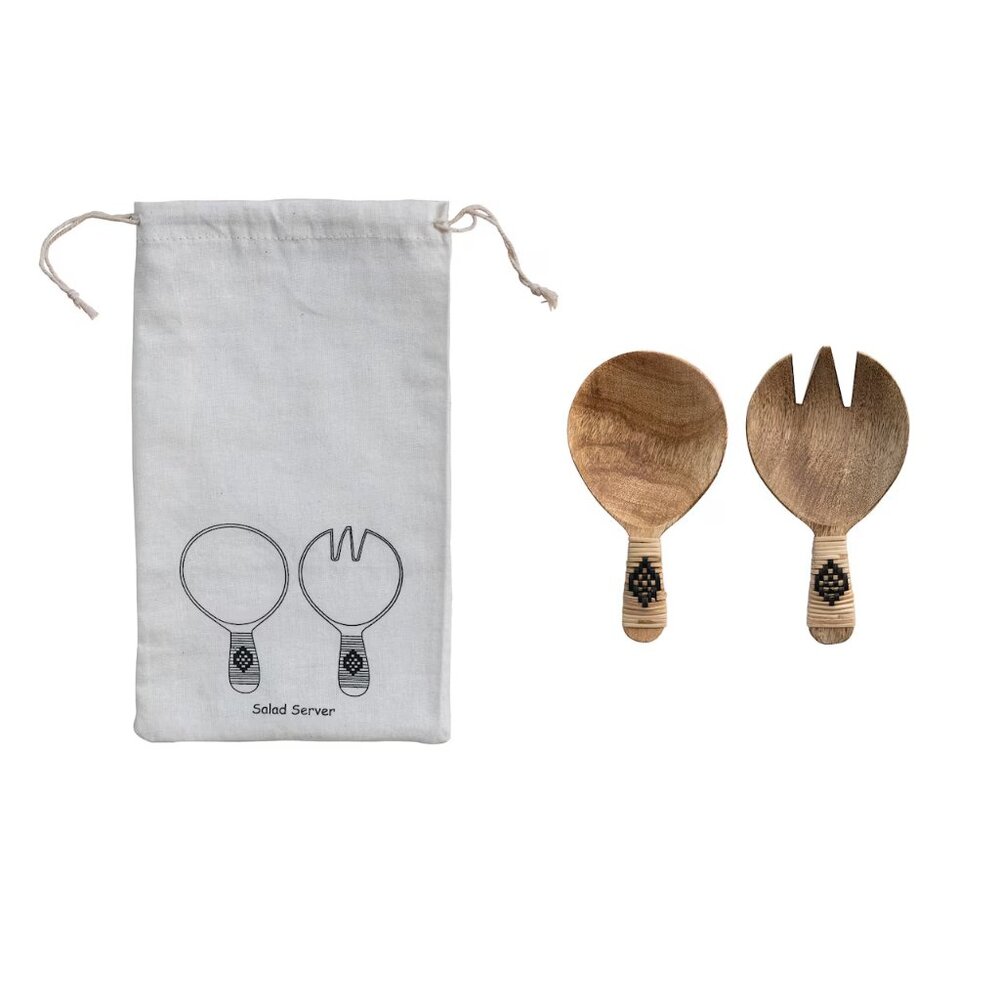 Bloomingville 7" Mango Wood Salad Servers with Bamboo Wrapped Handles/NWT